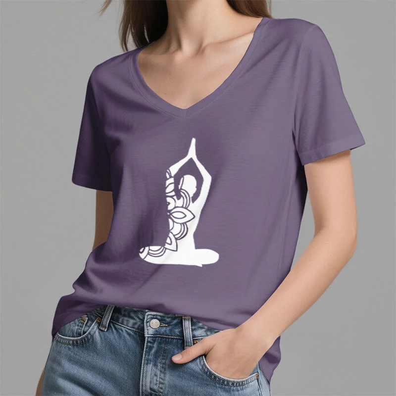 Olivenorma Yoga Pose Achtsame Energie V-Ausschnitt Meditations-T-Shirt