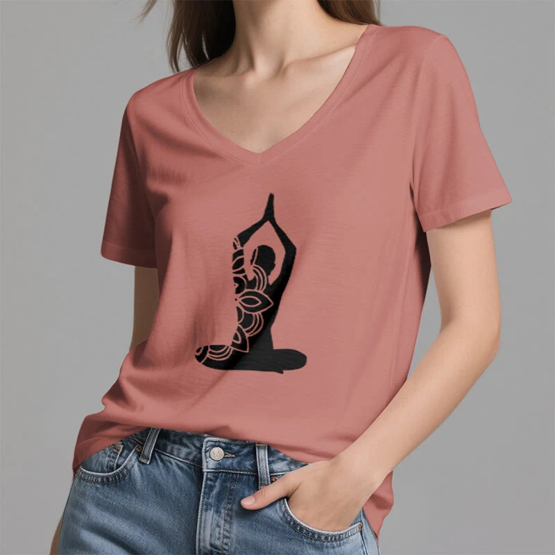 Olivenorma Yoga Pose Achtsame Energie V-Ausschnitt Meditations-T-Shirt