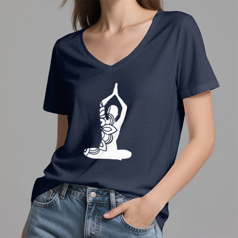 Olivenorma Yoga Pose Achtsame Energie V-Ausschnitt Meditations-T-Shirt