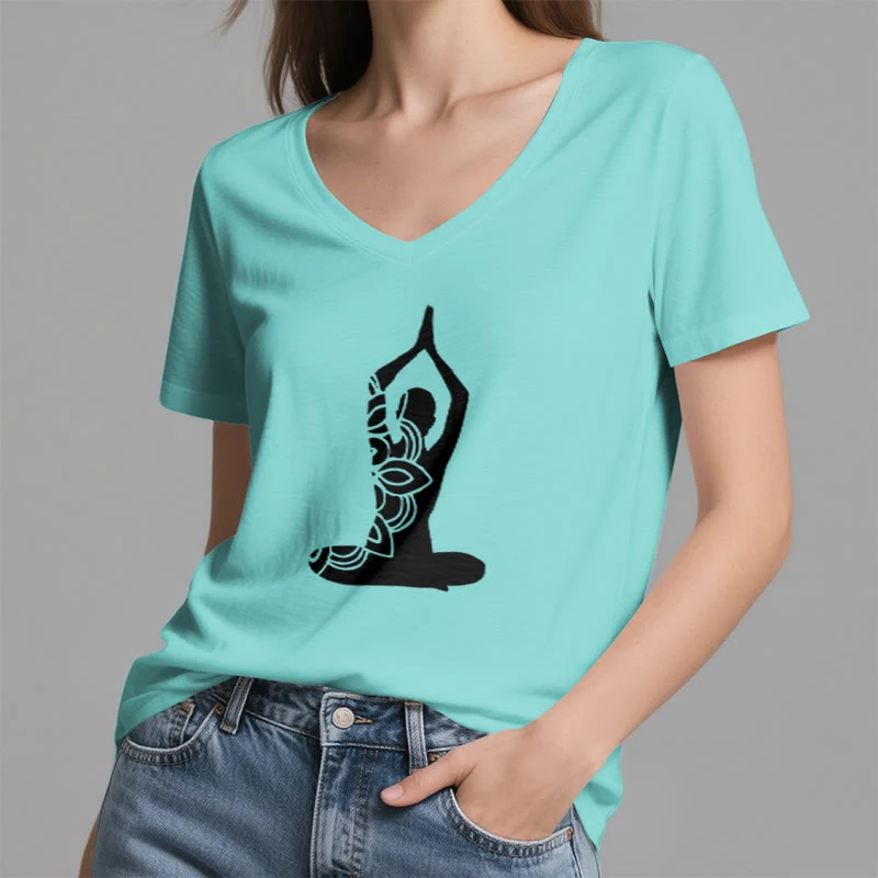 Olivenorma Yoga Pose Achtsame Energie V-Ausschnitt Meditations-T-Shirt