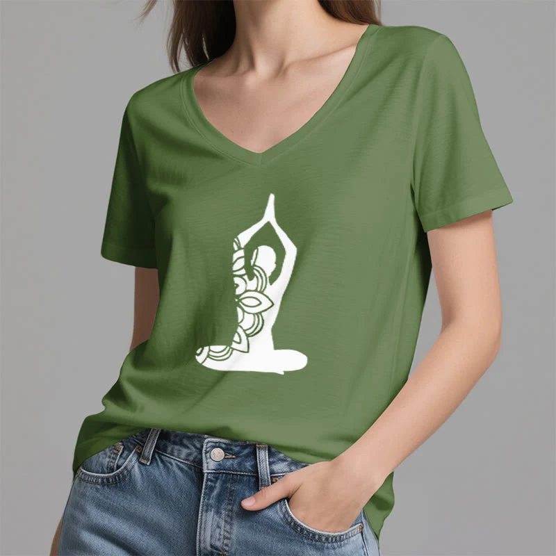 Olivenorma Yoga Pose Achtsame Energie V-Ausschnitt Meditations-T-Shirt