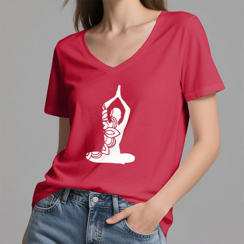 Olivenorma Yoga Pose Achtsame Energie V-Ausschnitt Meditations-T-Shirt