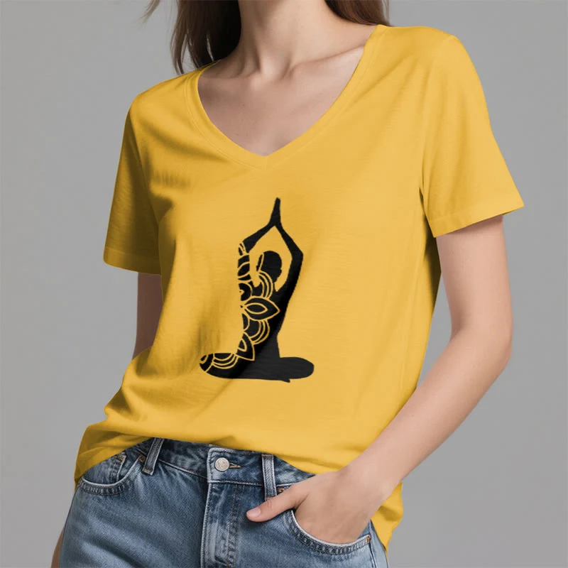 Olivenorma Yoga Pose Achtsame Energie V-Ausschnitt Meditations-T-Shirt