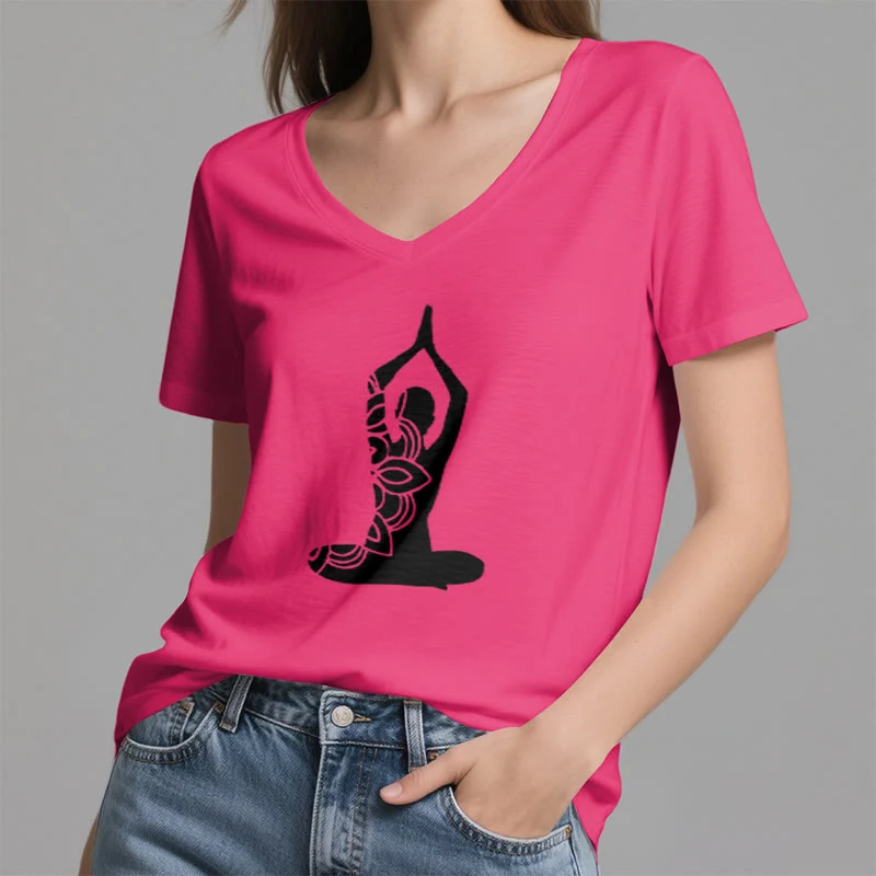 Olivenorma Yoga Pose Achtsame Energie V-Ausschnitt Meditations-T-Shirt