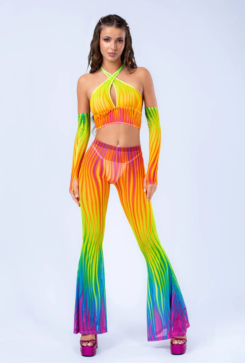 Neon Rainbow Flame Criss Cross Mesh Top