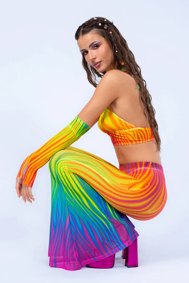 Neon Rainbow Flame Criss Cross Mesh Top