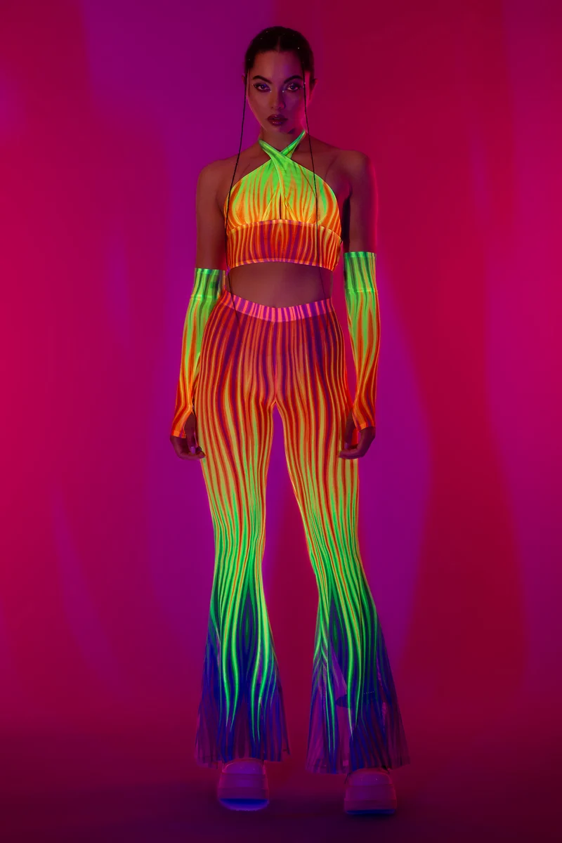 Neon Rainbow Flame Criss Cross Mesh Top