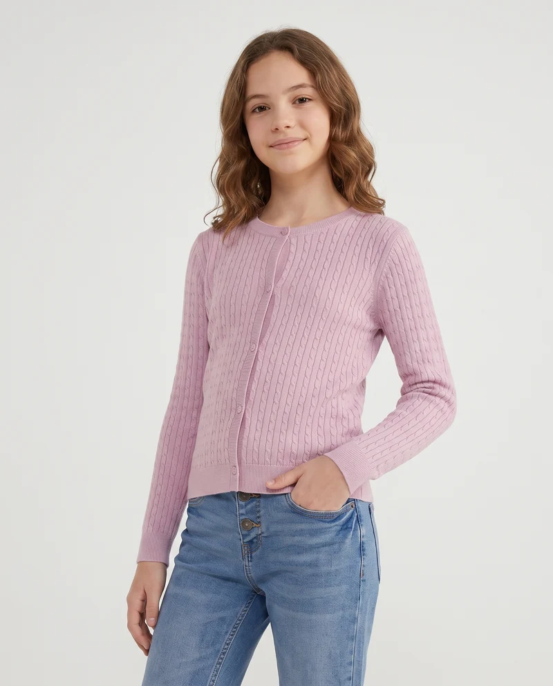 Cardigan girocollo a maniche lunghe treccia - Rosa polvere