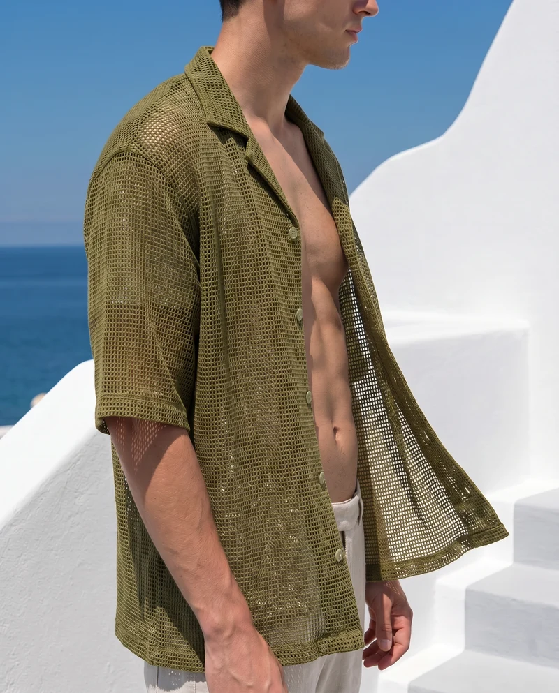 Camicia Boxy Fit Crochet Effetto Rete - Verde oliva