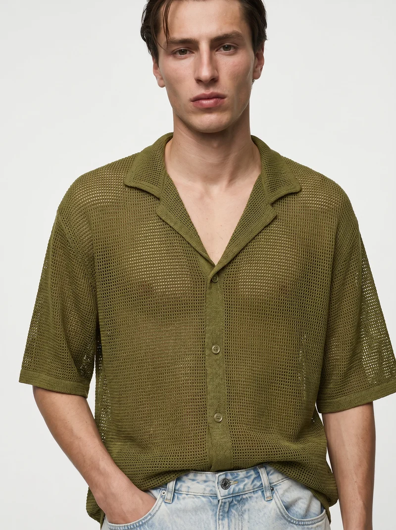 Camicia Boxy Fit Crochet Effetto Rete - Verde oliva