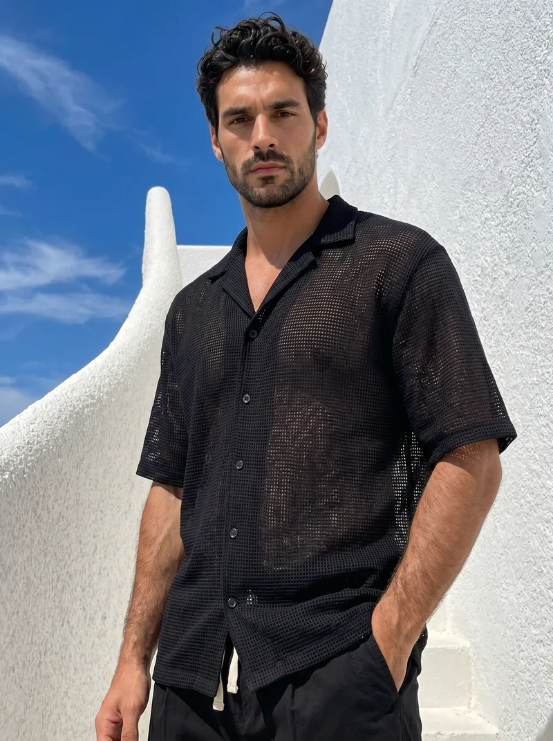 Camicia Boxy Fit Crochet Effetto Rete - Nero