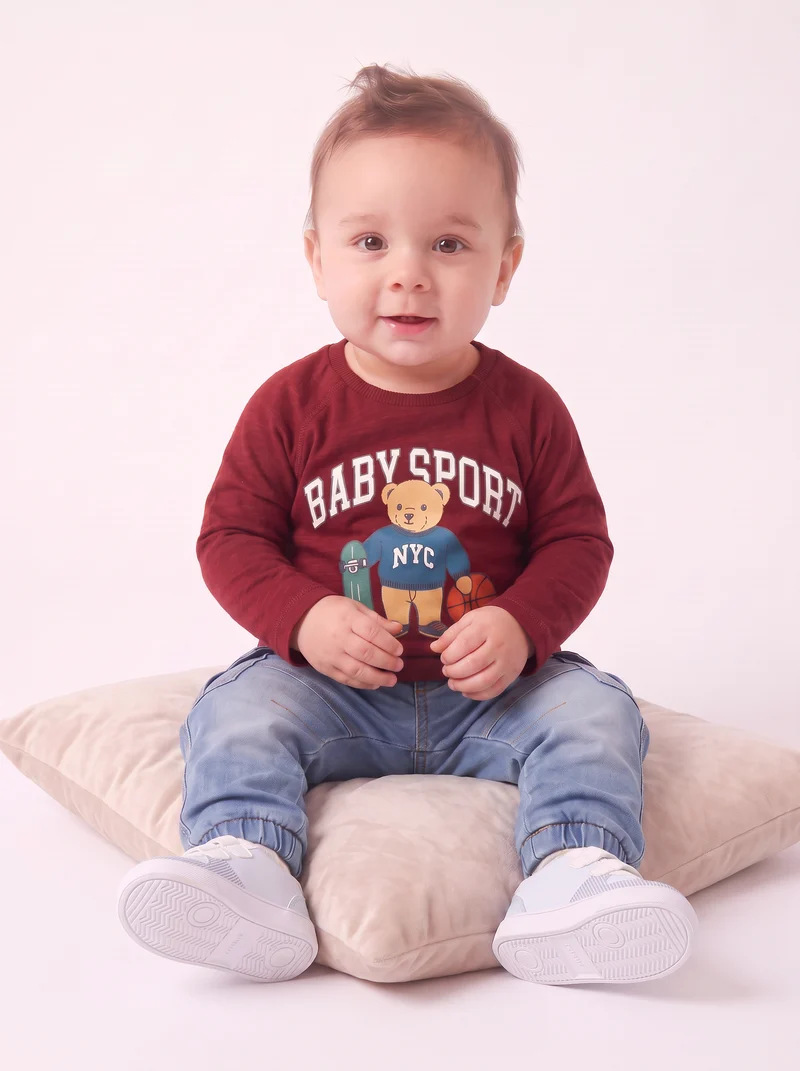 T-shirt neonato manica raglan con stampa - Bordeaux