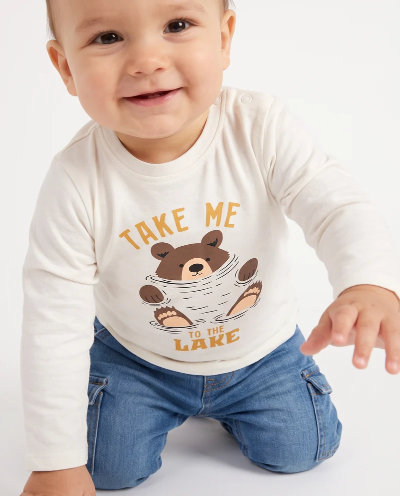 T shirt girocollo manica lunga basica con stampa - Bianco latte