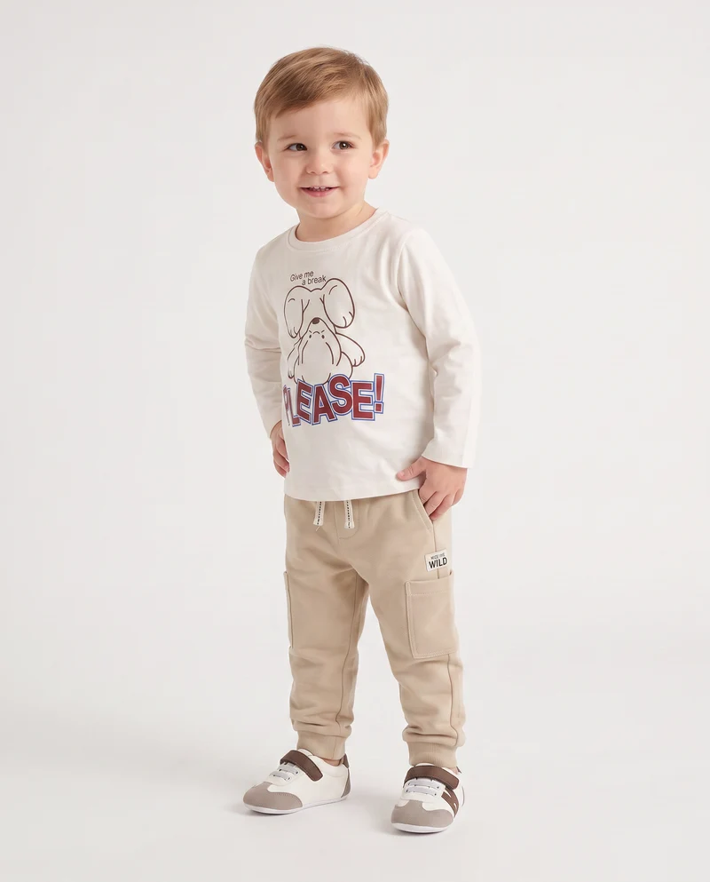 T shirt girocollo manica lunga con stampa - Bianco latte