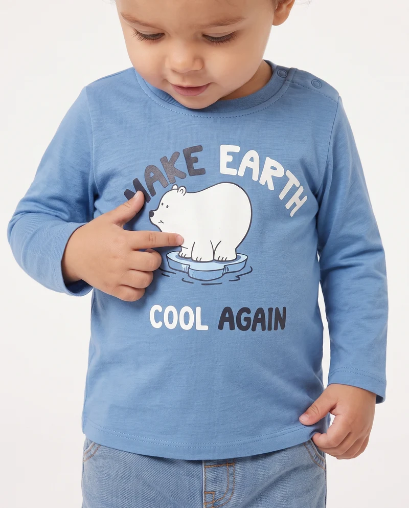 T shirt girocollo manica lunga con stampa - Blu oceano