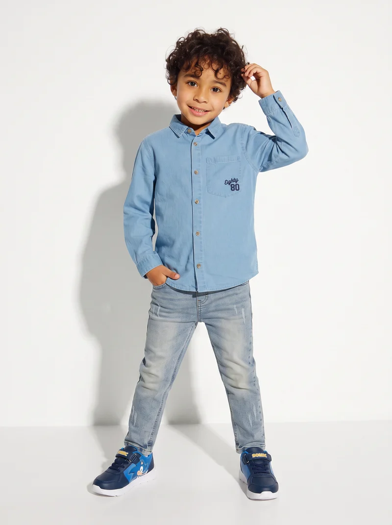 Camicia in oxford 100% cotone con ricamo - Azzurro