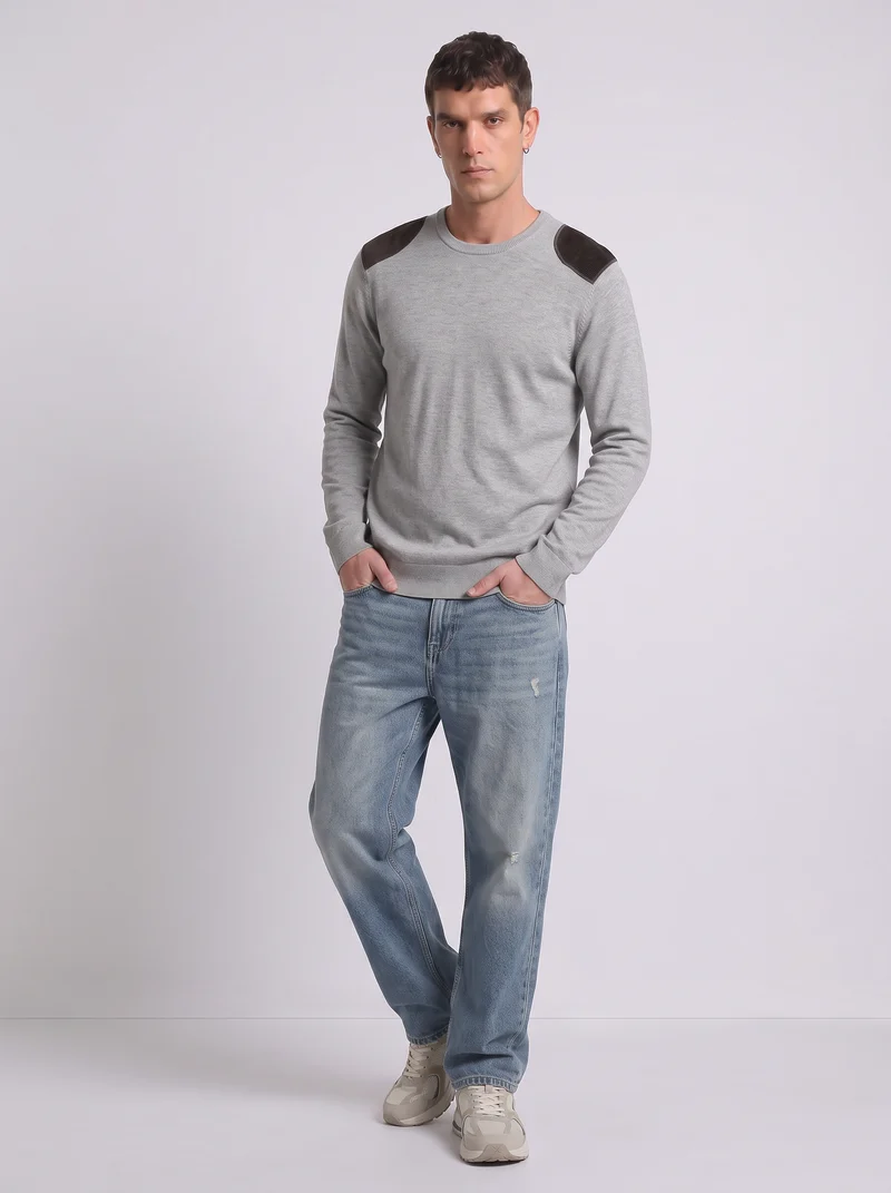 Maglia girocollo slim fit con toppe velluto - Grigio mel.