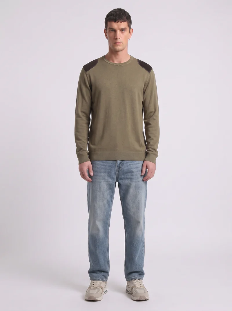 Maglia girocollo slim fit con toppe velluto - Verde kaki