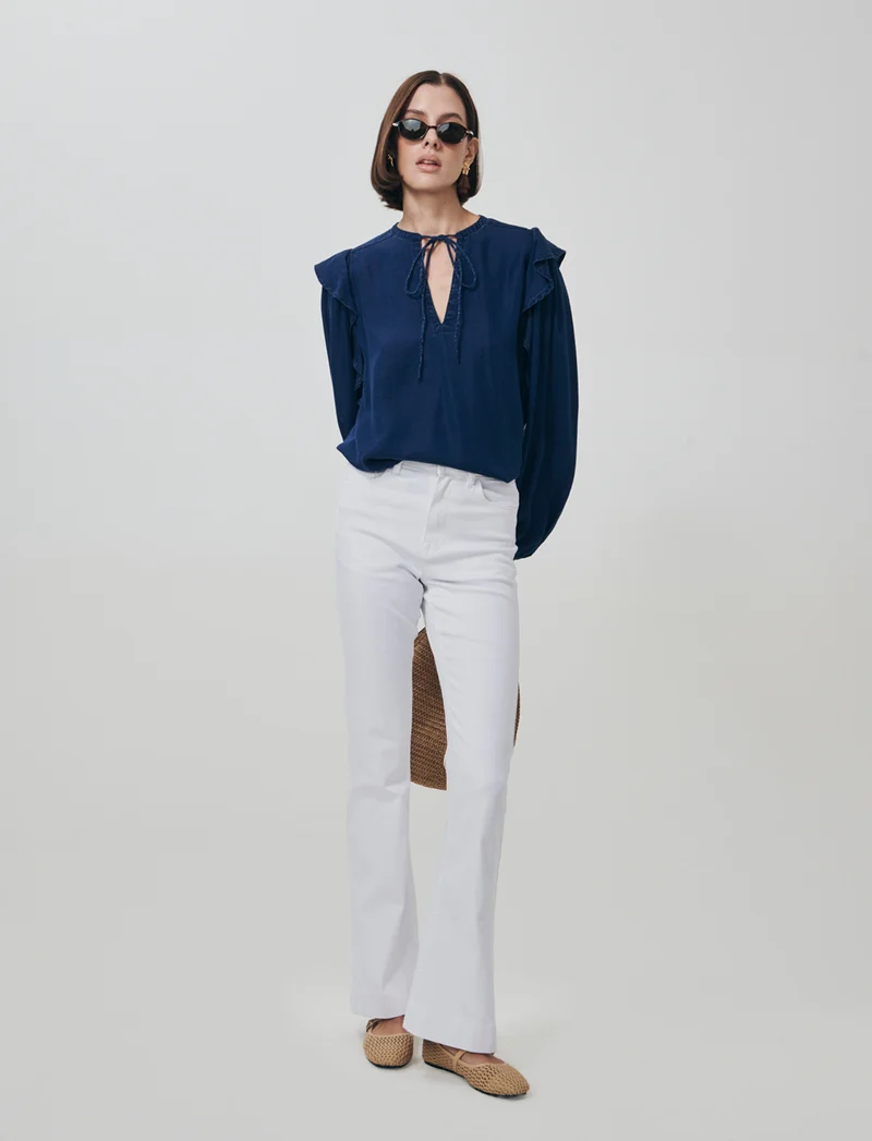 Jeans a Zampa Vita Alta con Tasche - Bianco