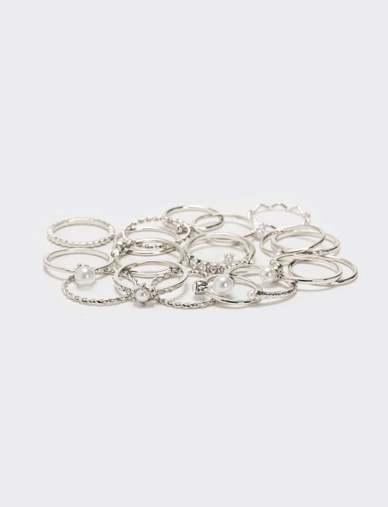 Card anelli donna 19 pezzi con perline - Argento