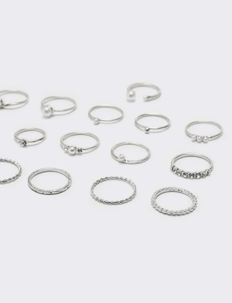 Card anelli donna 19 pezzi con perline - Argento
