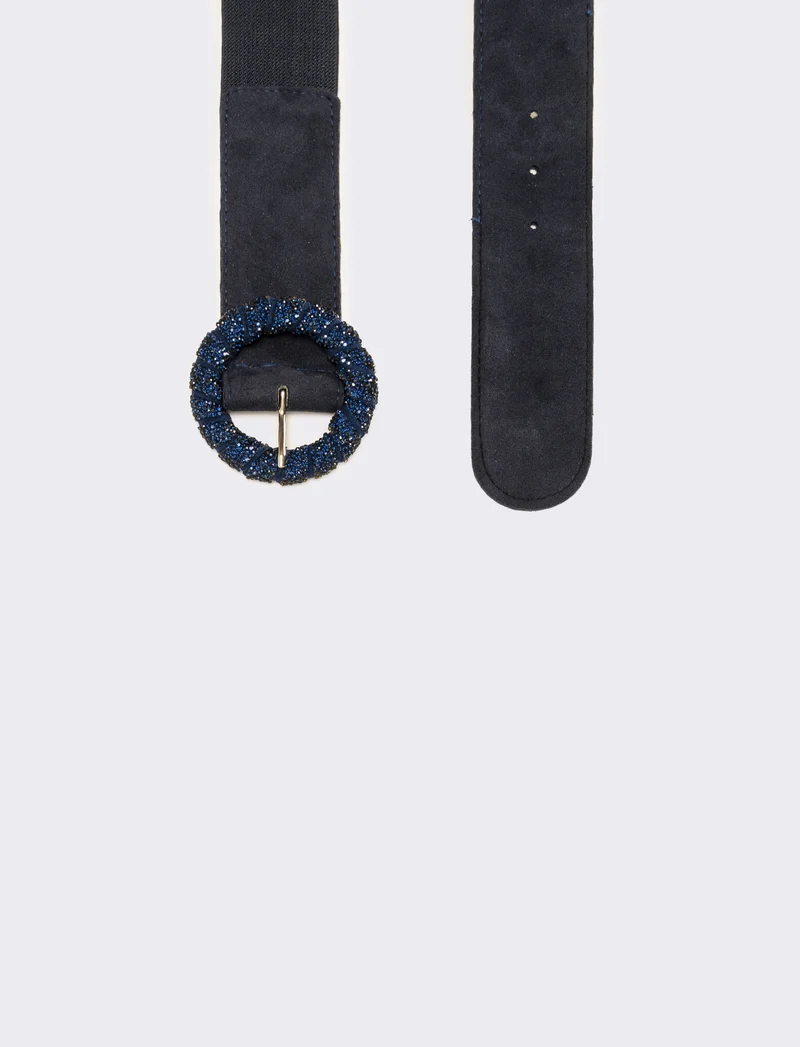 Cintura donna elastica fibbia rotonda con pietre - Blu