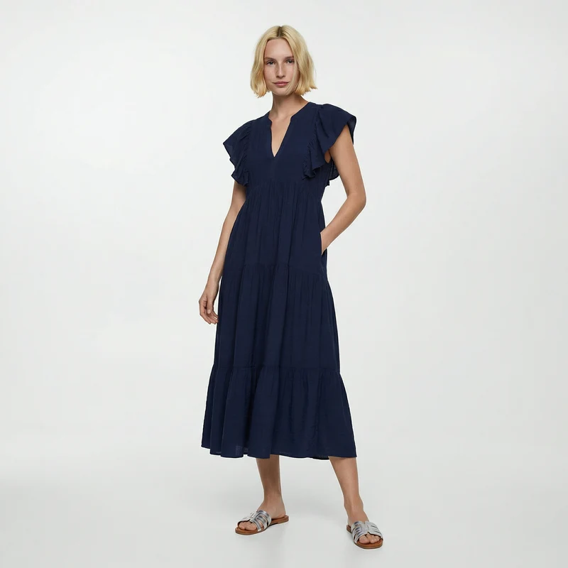 Vestito lungo con scollo a V e balze - Blu