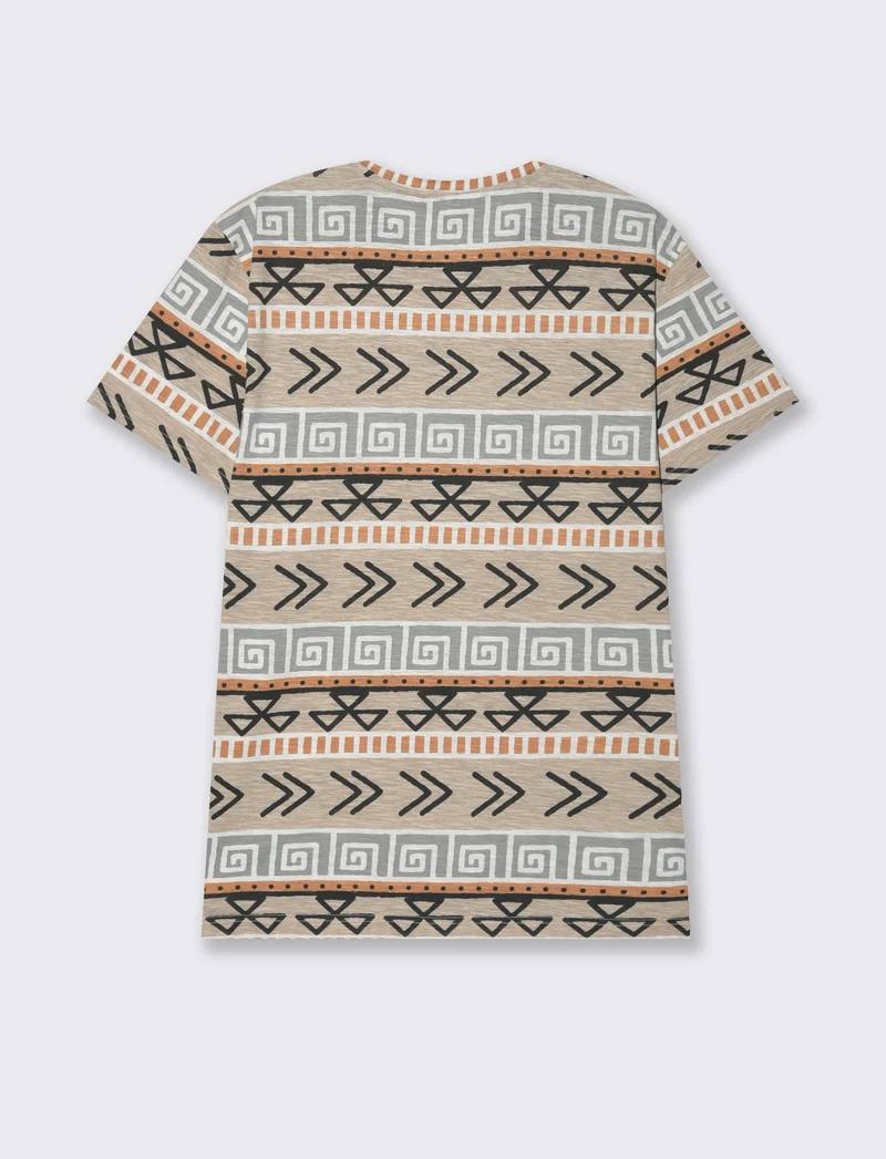 T-shirt in cotone slub con stampa azteca da uomo - Sabbia