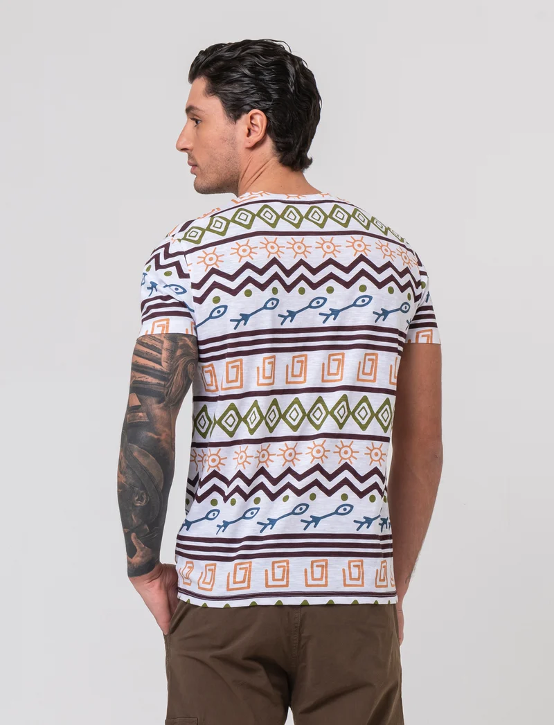 T-shirt in cotone slub con stampa azteca da uomo - Bianco