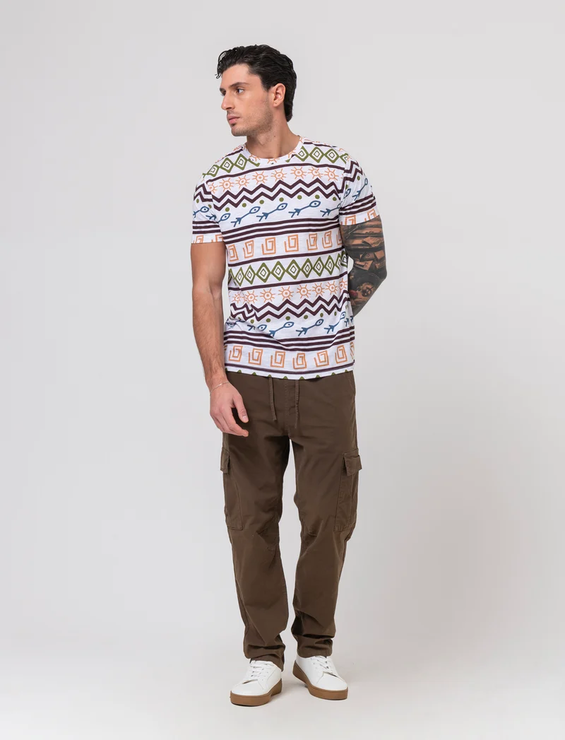 T-shirt in cotone slub con stampa azteca da uomo - Bianco