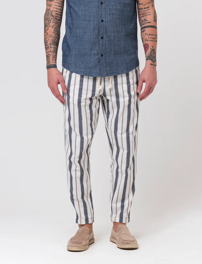 Pantaloni jogger a righe misto lino da uomo - Blu
