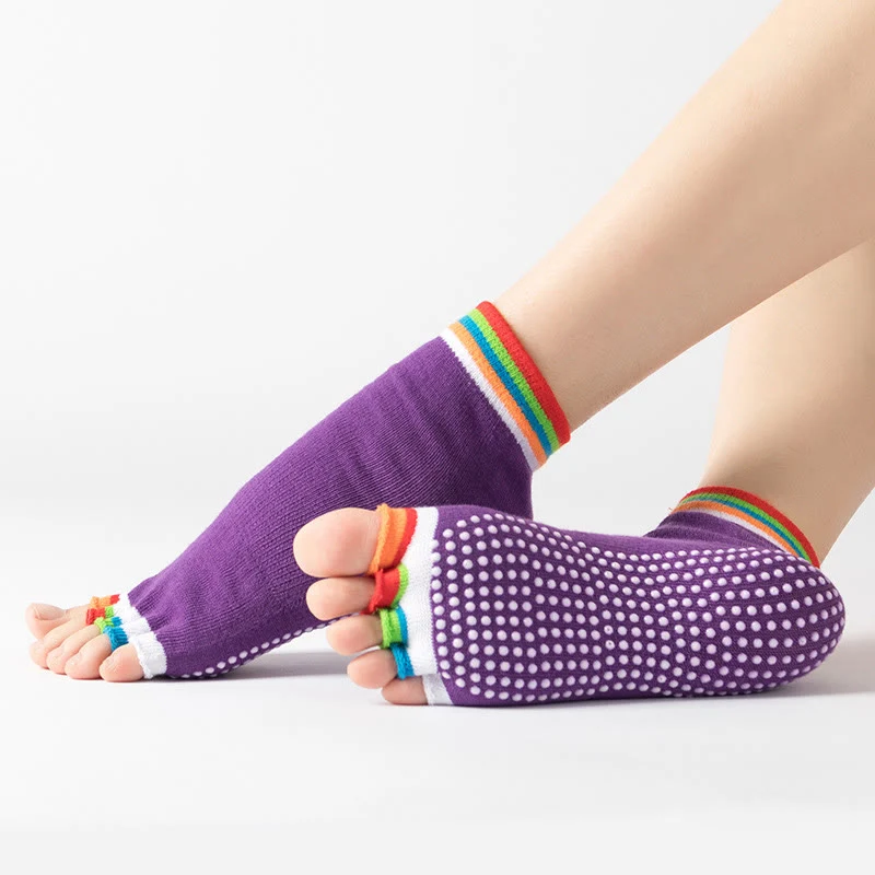 Olivenorma Zehenlose Pilates-Socken mit rutschfestem Halt – Bunte Fünf-Zehen-Knöchelsocken für Yoga und Barre für Damen mit rutschfester PVC-Sohle, atmungsaktive Trainingssocken aus Baumwolle
