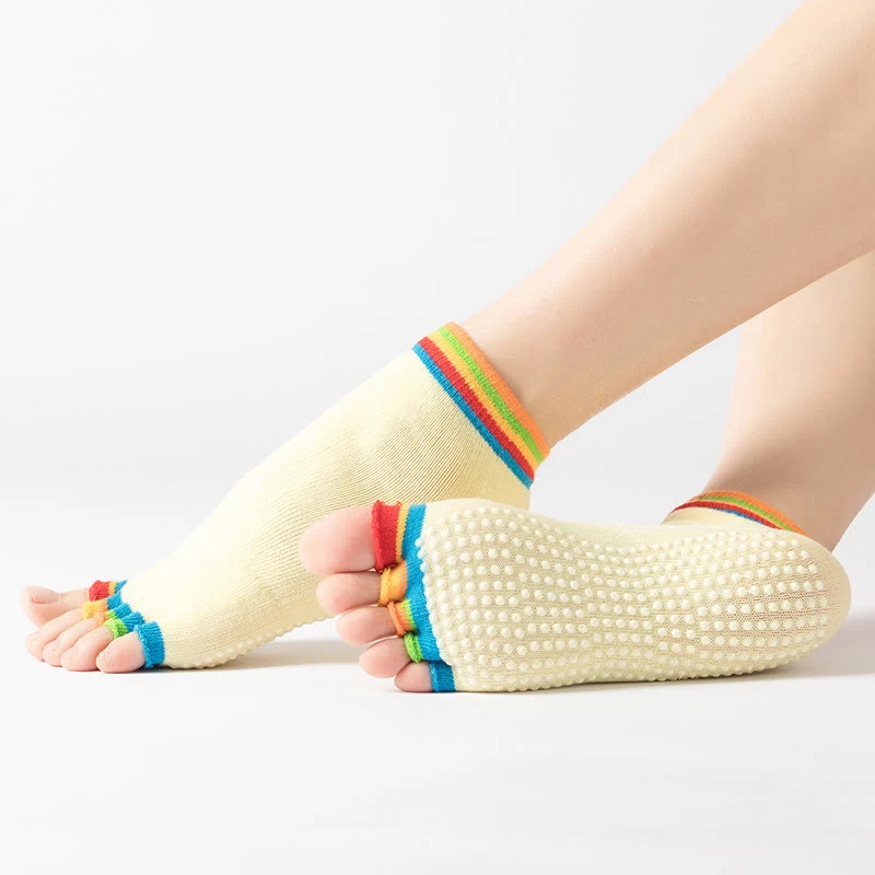 Olivenorma Zehenlose Pilates-Socken mit rutschfestem Halt – Bunte Fünf-Zehen-Knöchelsocken für Yoga und Barre für Damen mit rutschfester PVC-Sohle, atmungsaktive Trainingssocken aus Baumwolle