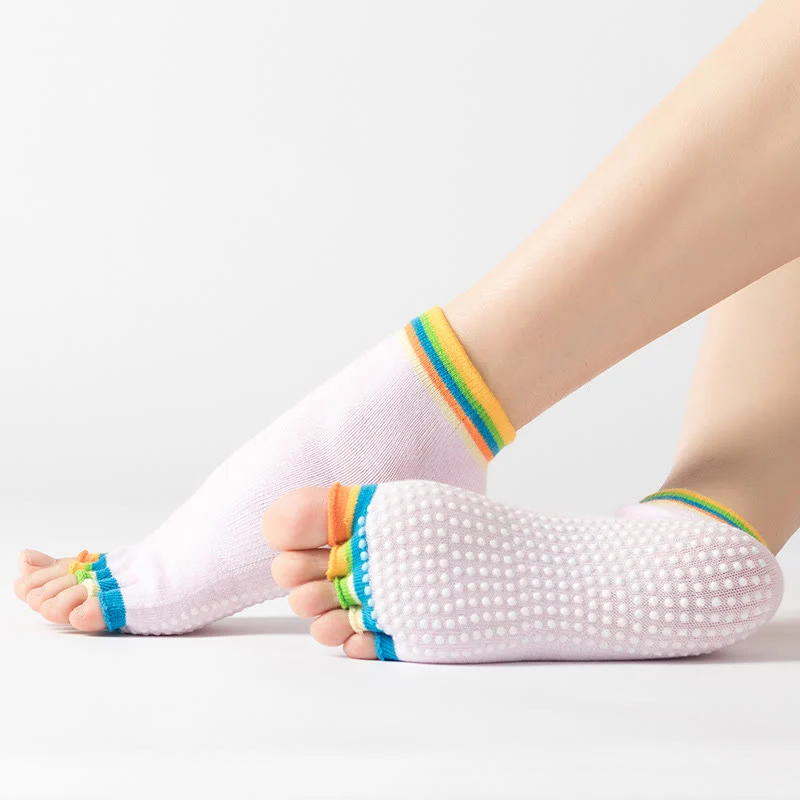 Olivenorma Zehenlose Pilates-Socken mit rutschfestem Halt – Bunte Fünf-Zehen-Knöchelsocken für Yoga und Barre für Damen mit rutschfester PVC-Sohle, atmungsaktive Trainingssocken aus Baumwolle