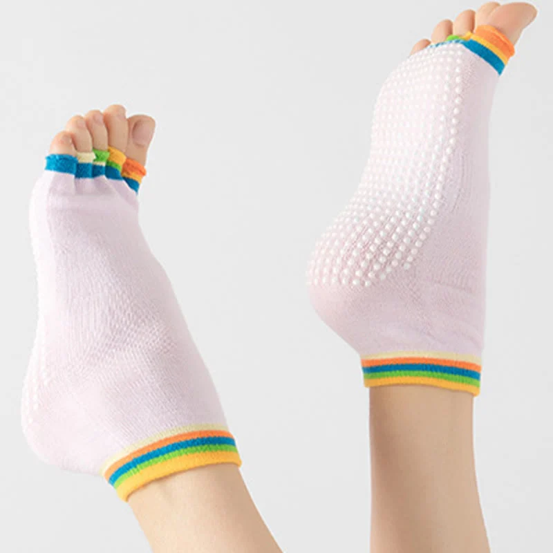 Olivenorma Zehenlose Pilates-Socken mit rutschfestem Halt – Bunte Fünf-Zehen-Knöchelsocken für Yoga und Barre für Damen mit rutschfester PVC-Sohle, atmungsaktive Trainingssocken aus Baumwolle