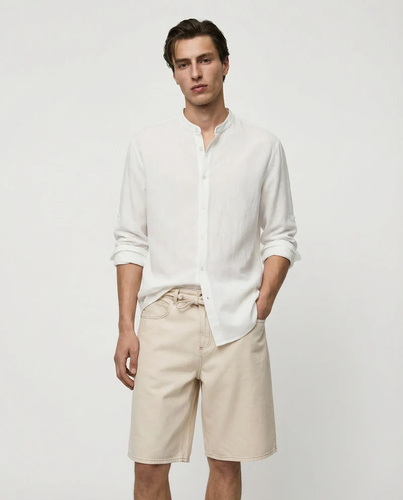 Camicia coreana effetto crepe in cotone - Bianco