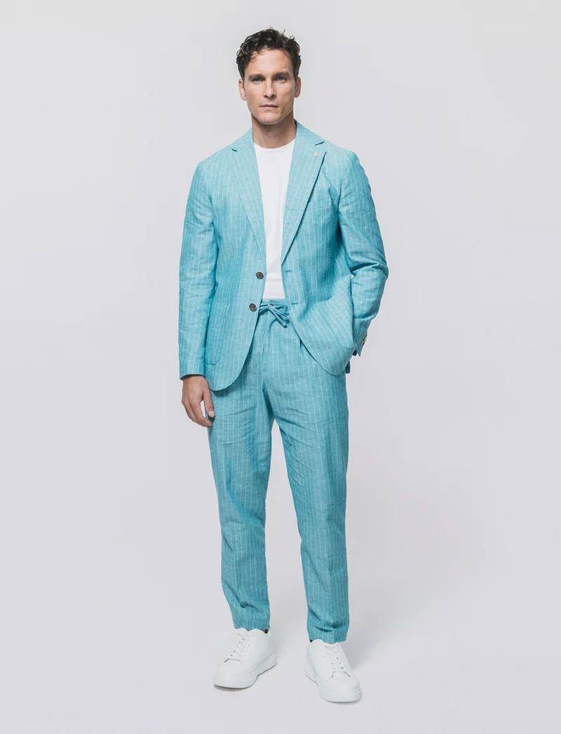 Blazer formal fit in linen blend a righe - Verde petrolio