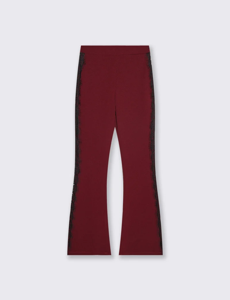 Pantalone a zampa con inserti laterali in pizzo - Bordeaux