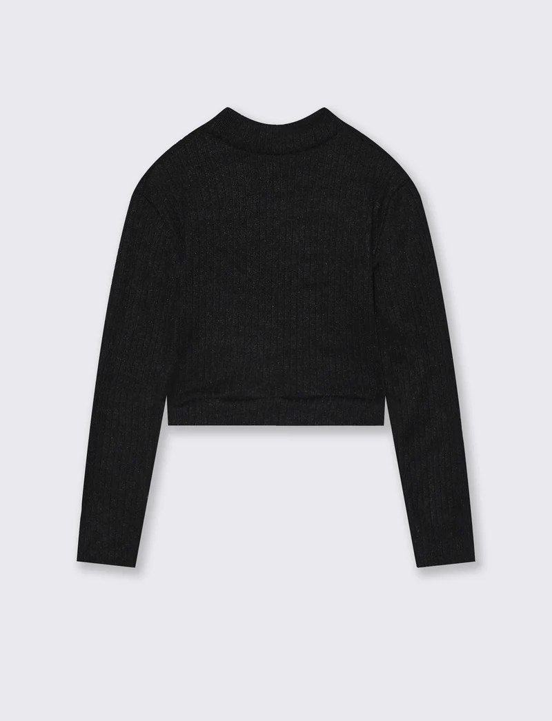 T-shirt manica lunga in maglia con accessorio decorativo. - Nero