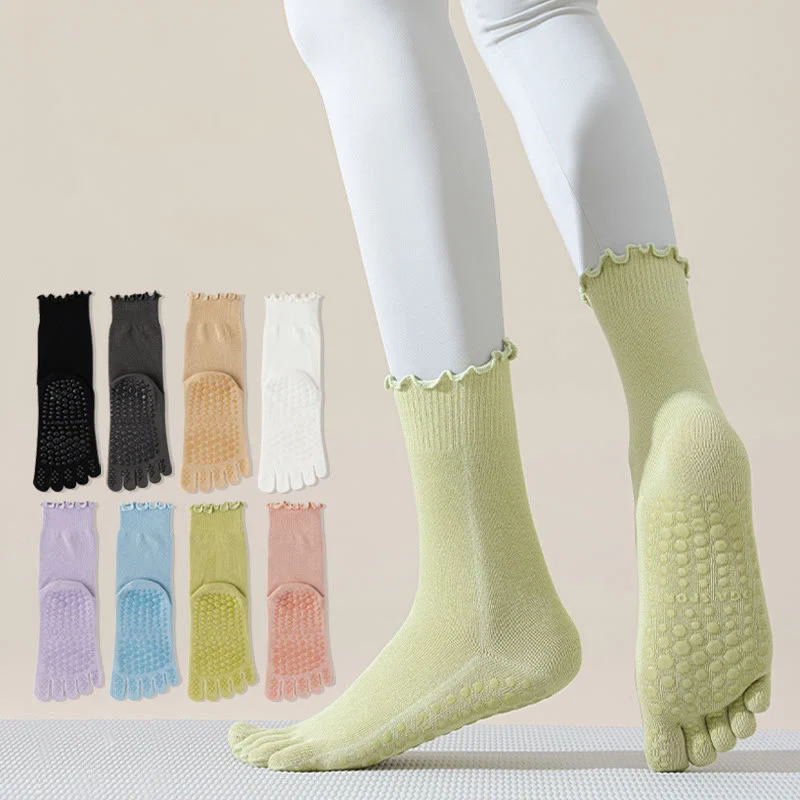 Olivenorma Zehenstegsocken mit fünf Zehen, mittelhoch, atmungsaktiv, rutschfest, für Pilates und Barre, elegantem Spitzendesign und rutschfester Sohle.