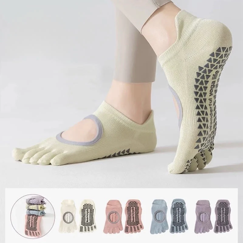 Olivenorma Fünf-Zehen-Pilates-Barre-Socken für Damen mit rutschfestem Griff, atmungsaktivem Baumwolldesign, Zehentrennung und rutschfester Silikonsohle