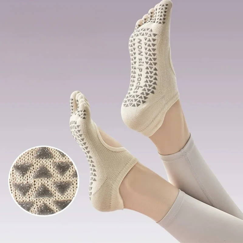 Olivenorma Fünf-Zehen-Pilates-Barre-Socken für Damen mit rutschfestem Griff, atmungsaktivem Baumwolldesign, Zehentrennung und rutschfester Silikonsohle
