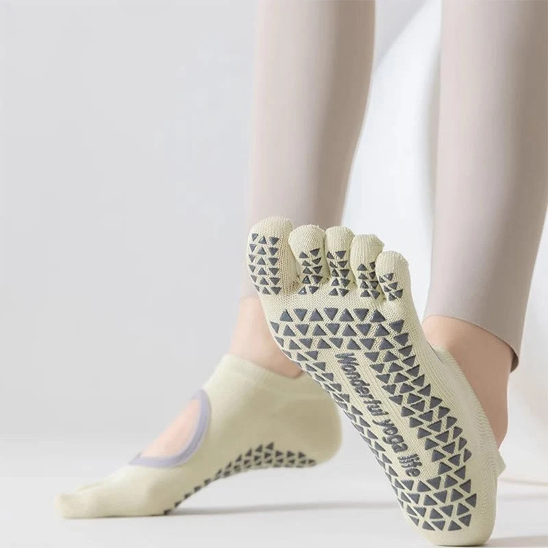 Olivenorma Fünf-Zehen-Pilates-Barre-Socken für Damen mit rutschfestem Griff, atmungsaktivem Baumwolldesign, Zehentrennung und rutschfester Silikonsohle