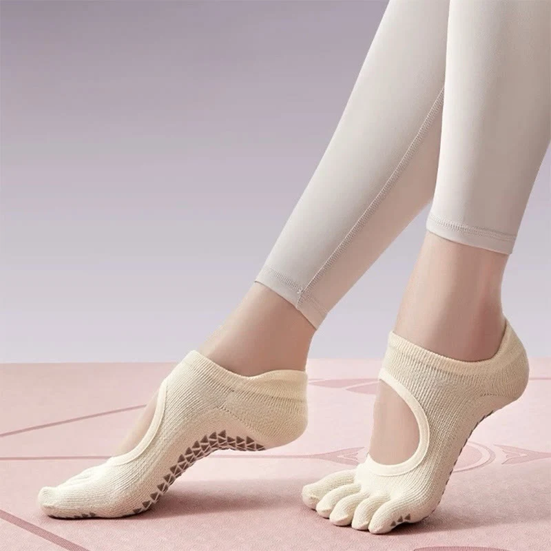 Olivenorma Fünf-Zehen-Pilates-Barre-Socken für Damen mit rutschfestem Griff, atmungsaktivem Baumwolldesign, Zehentrennung und rutschfester Silikonsohle