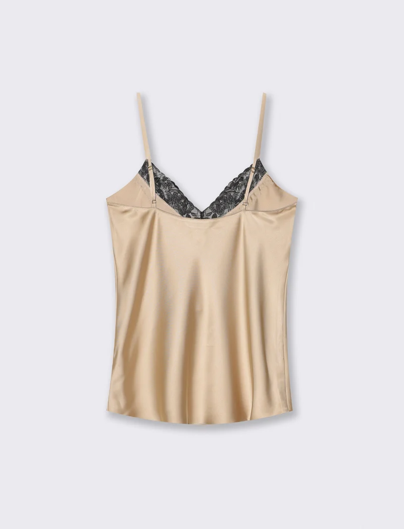 Top con bretelle regolabili e pizzo - Beige grano