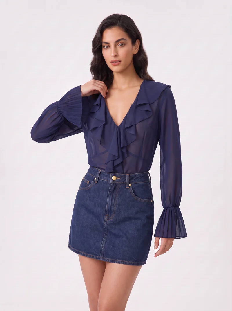 Casacca manica lunga scollo a V e volant - Blu