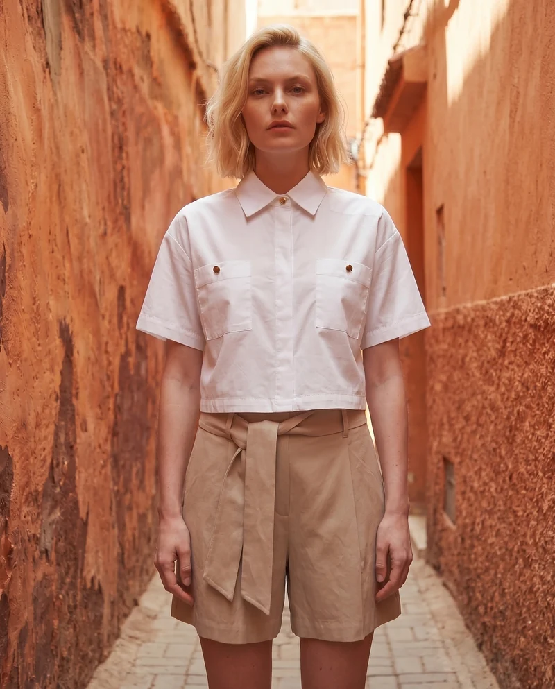 Camicia crop con tasche frontali - Bianco