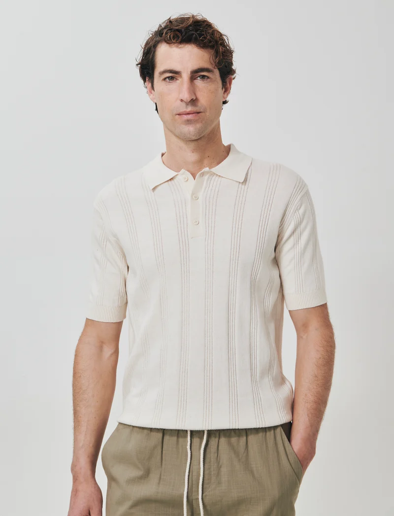 Polo in Maglia Jacquard a Maniche Corte - Beige ecru