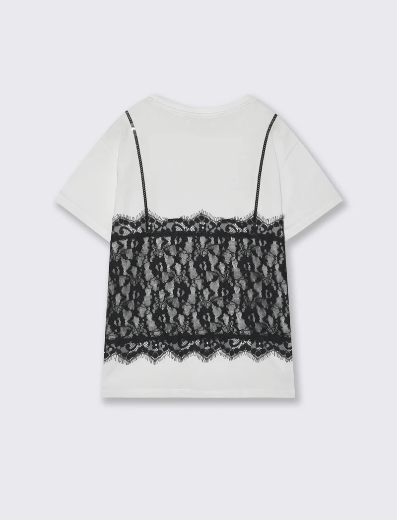 T-shirt mezza manica con pizzo e paillettes - Bianco