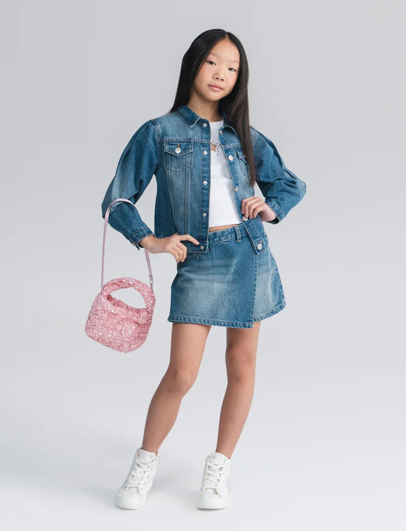 Giubbino jeans bambina manica a sbuffo - Denim chiaro